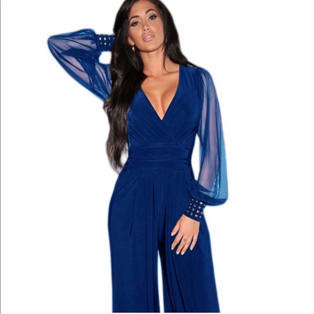 🔥 NWOT Royal Blue Jumpsuit w/ embellished cuffs